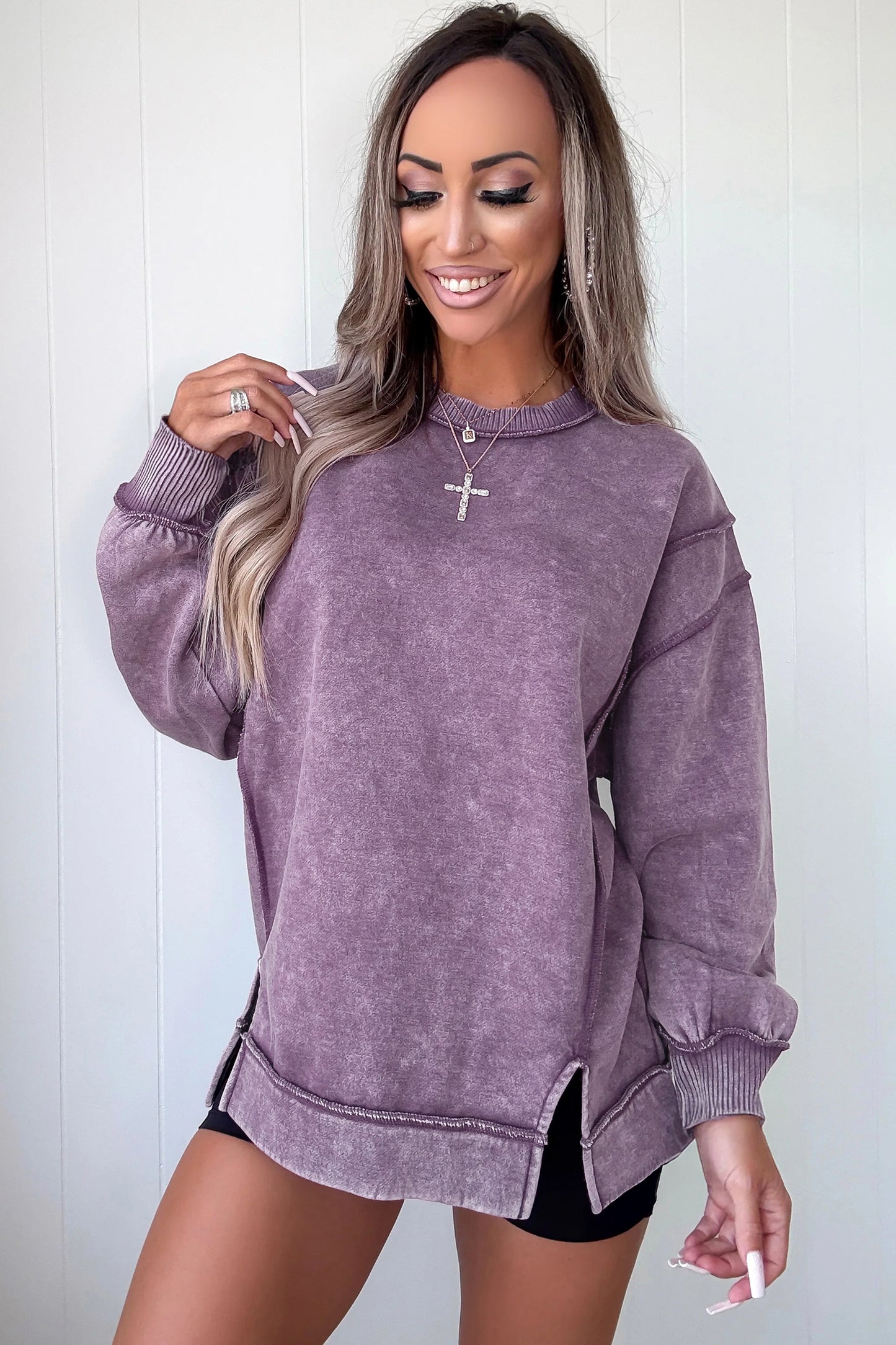 Mineral Wash Exposed Seam Sweatshirt Side Slit Casual Pullover
