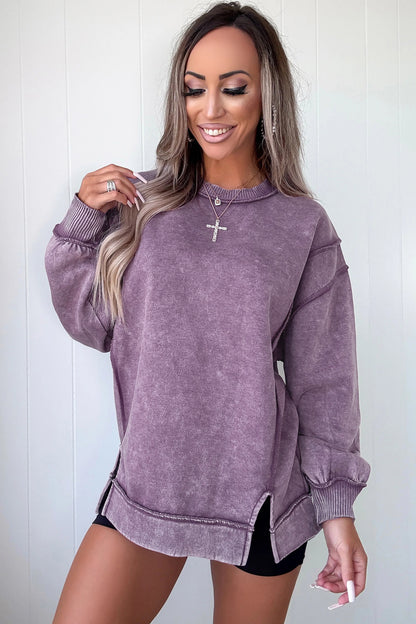 Mineral Wash Exposed Seam Sweatshirt Side Slit Casual Pullover