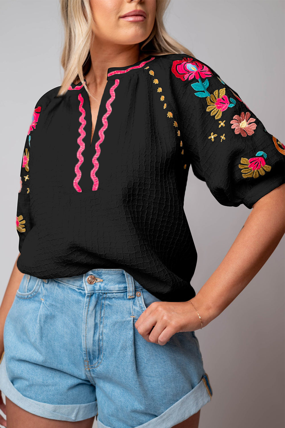 Floral Embroidered Ricrac Puff Sleeve Textured Blouse