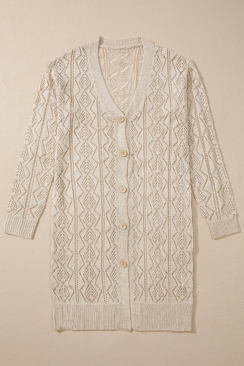 Parchment Hollow Out Buttons Front Long Cardigan