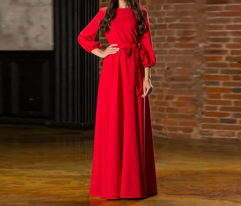 Women's Long Sleeve Tie Waist Maxi Dress A-Line Flowy