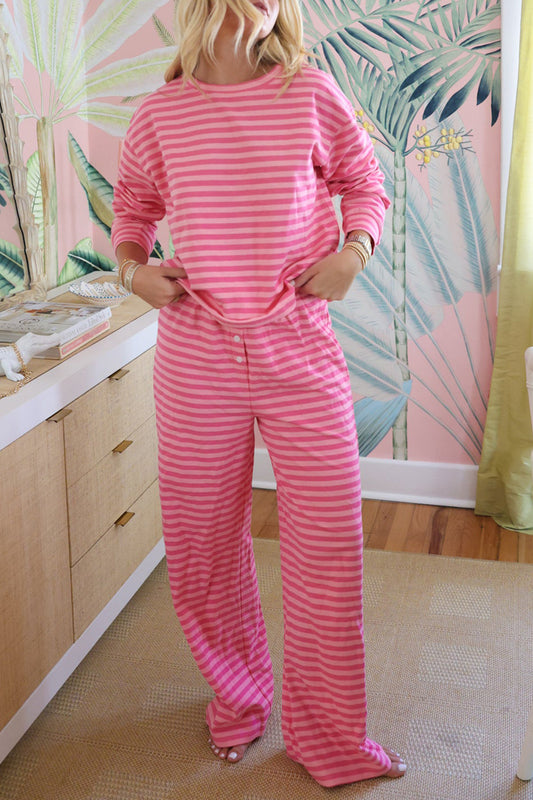 Striped Lounge Set Long Sleeve Top Wide Leg Pants