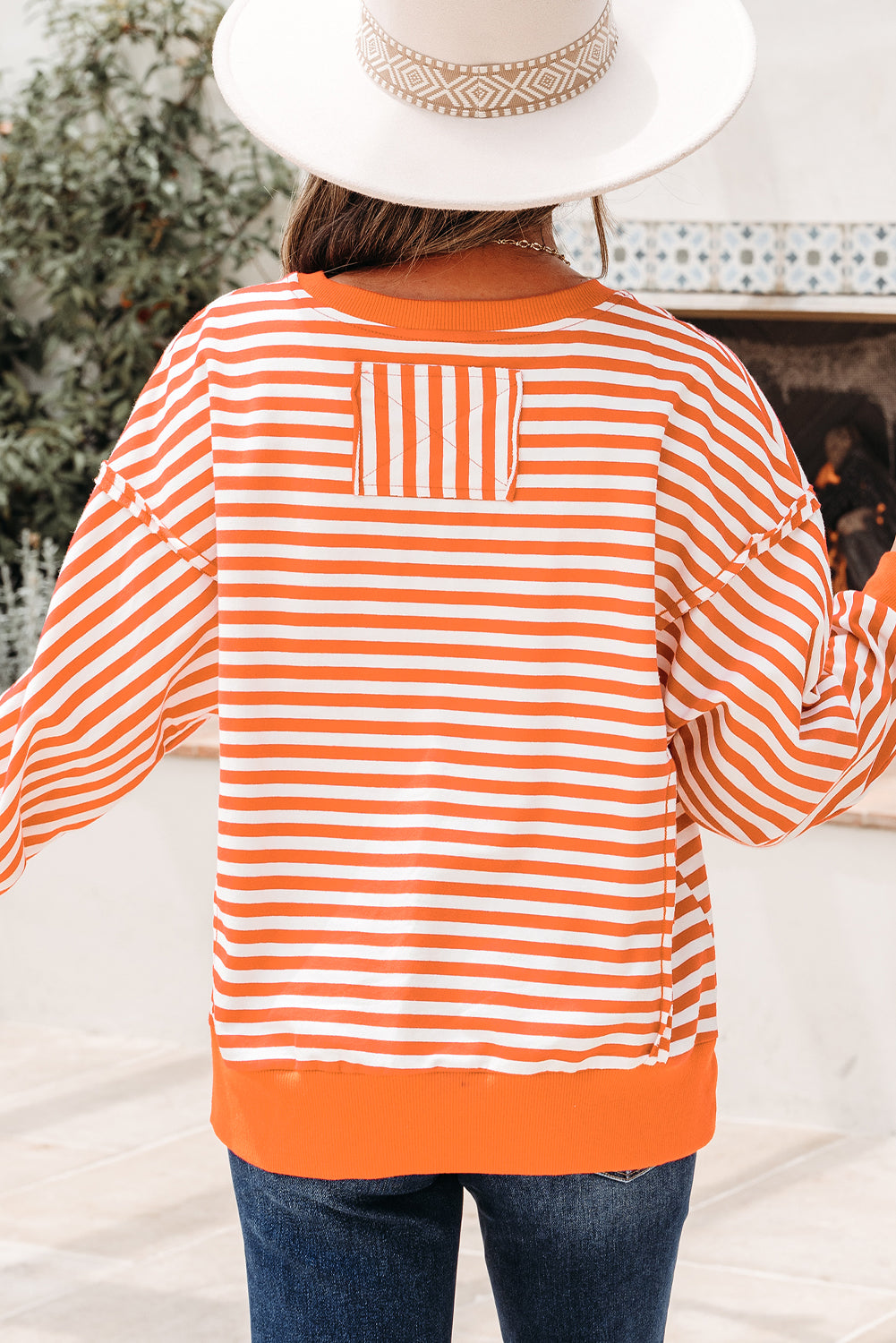 Red Stripe Oversized Pullover Exposed Seam Long Sleeve Top