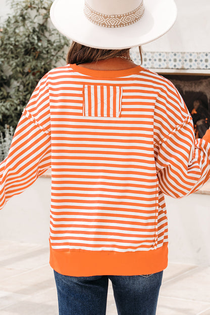 Red Stripe Oversized Pullover Exposed Seam Long Sleeve Top