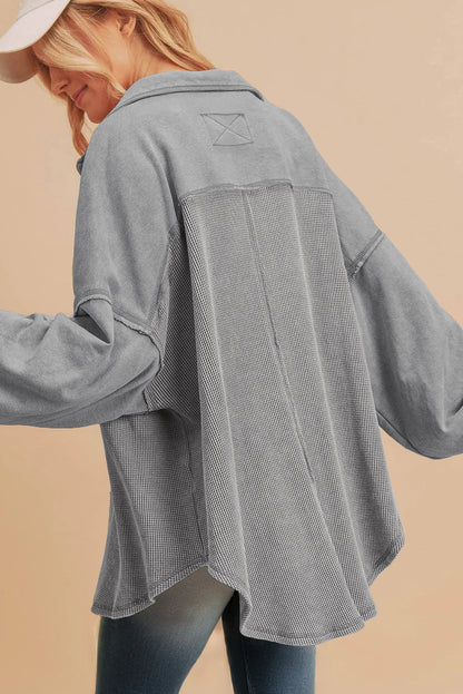 Black Waffle Knit Button Down Shacket Oversized Long Sleeve Top