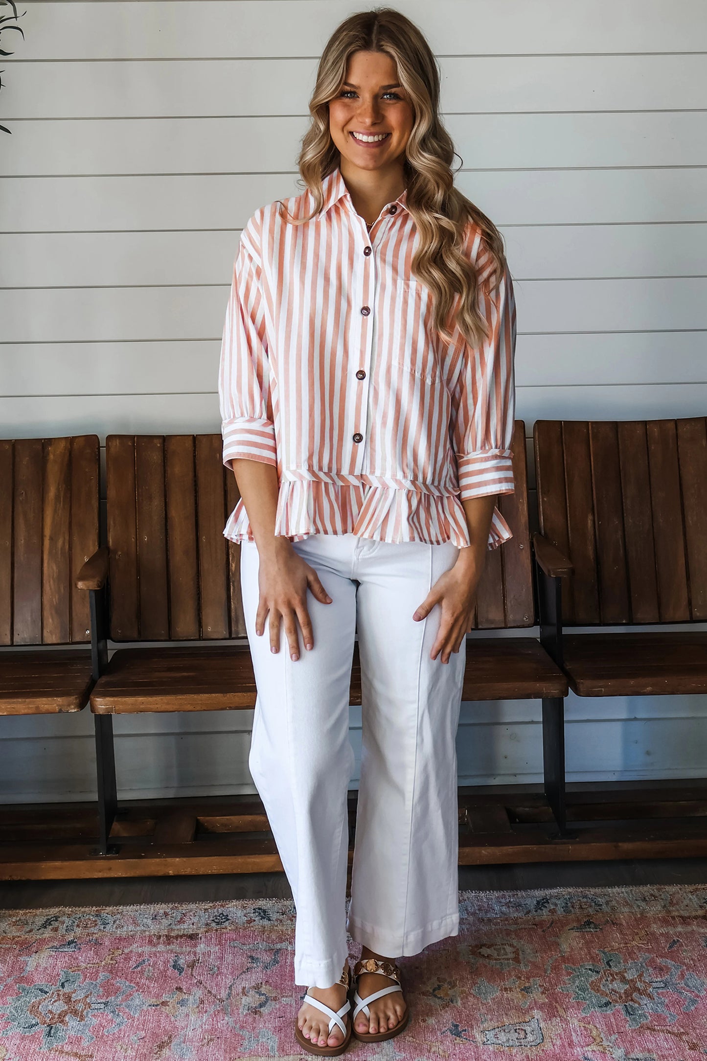 Khaki Stripe Button Front Shirt Ruffle Hem Peplum Top