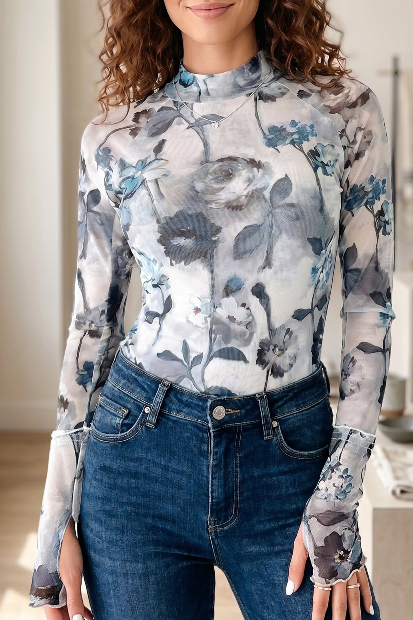 Blue Floral Mesh Mock Neck Long Sleeve Top