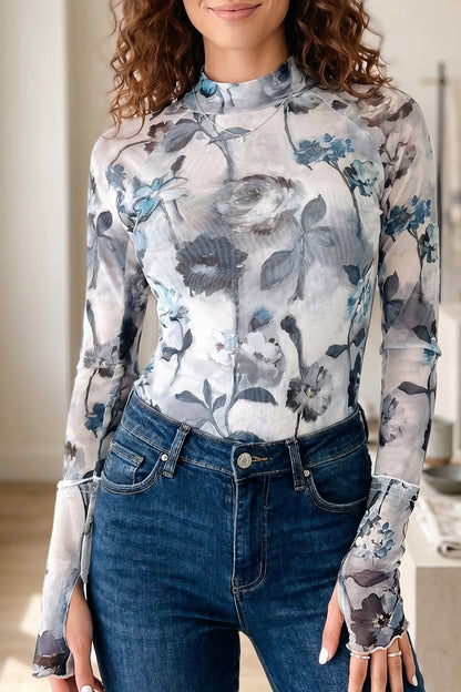 Blue Floral Mesh Mock Neck Long Sleeve Top