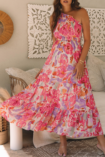 Pink Floral One Shoulder Smocked Tiered Maxi Dress