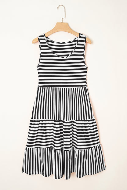 Black White Stripe U-Neck Sleeveless Loose Mini Dress