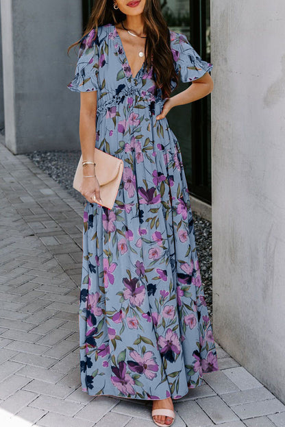 Sky Blue Floral V Neck Ruffle Short Sleeve Maxi Dress