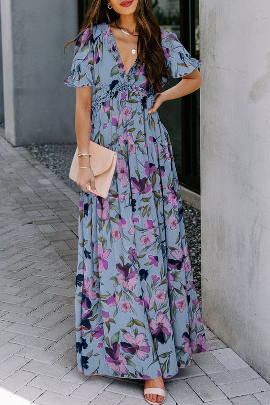 Sky Blue Floral V Neck Ruffle Short Sleeve Maxi Dress