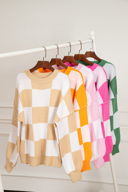 Green Checkered Bishop Sleeve Sweater