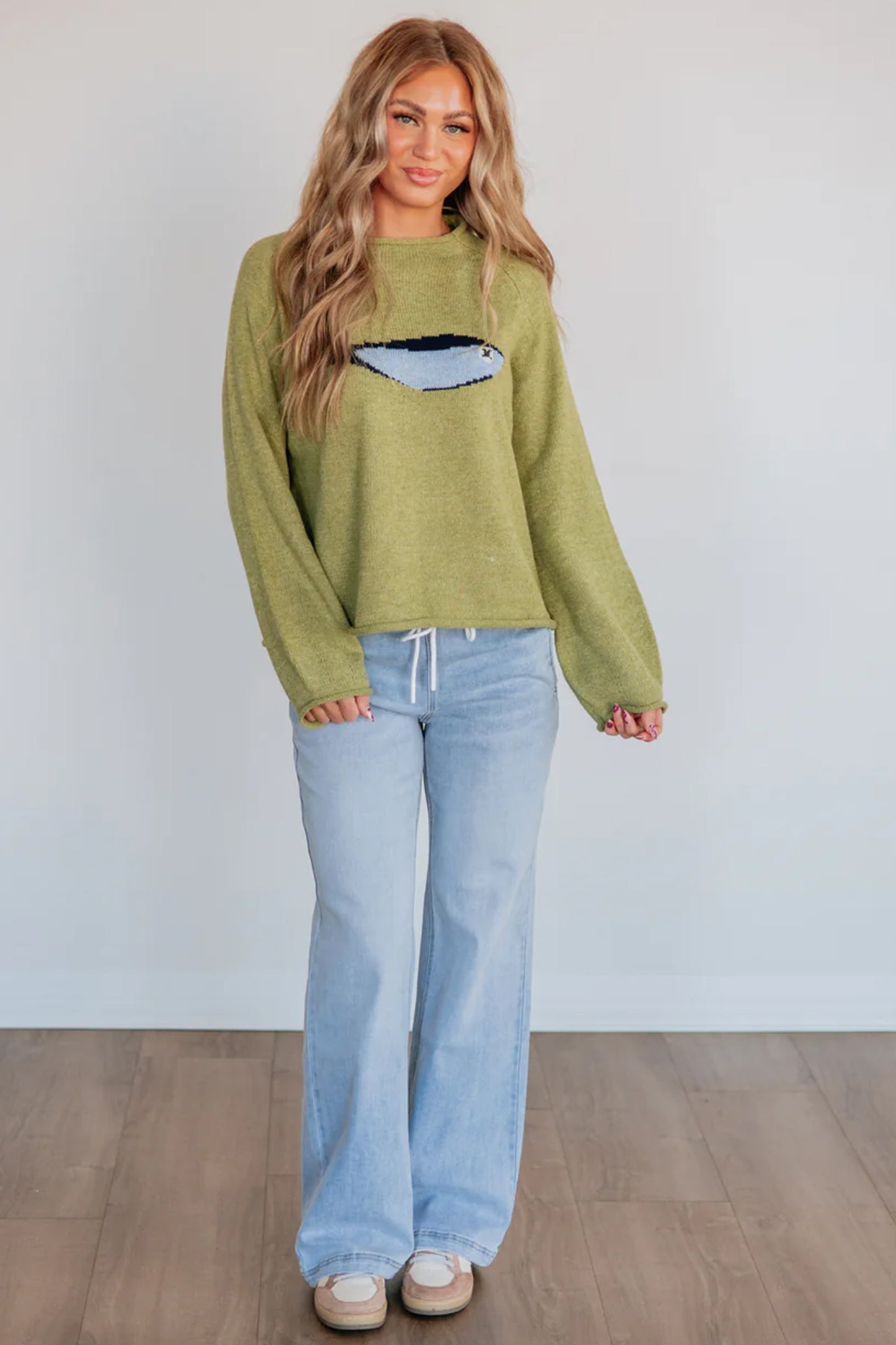 Meadow Mist Green Fish Graphic Oversized Knit Sweater