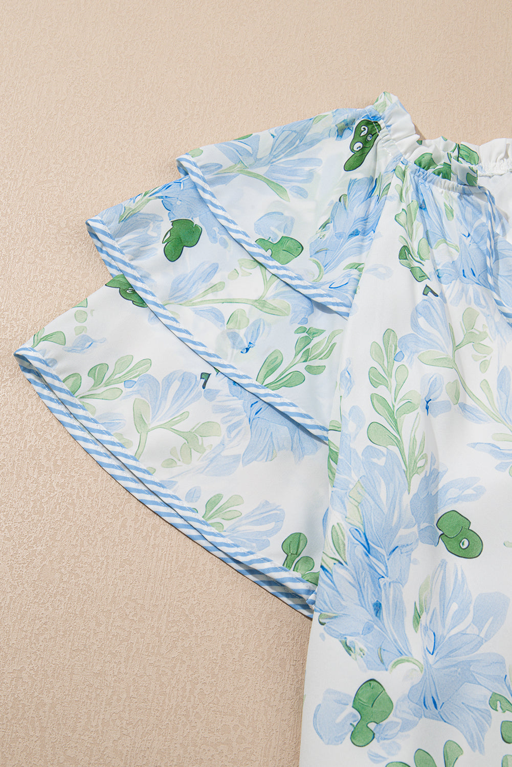 Sky Blue Floral Ruffle Sleeve Tie Neck Mini Dress