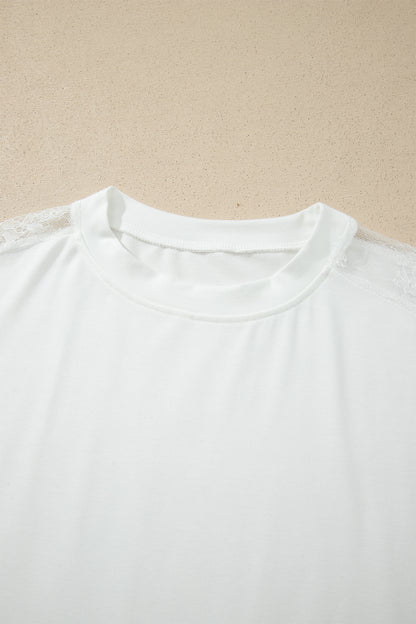 White Lace Sleeve Casual Round Neck Long Sleeve Top Women