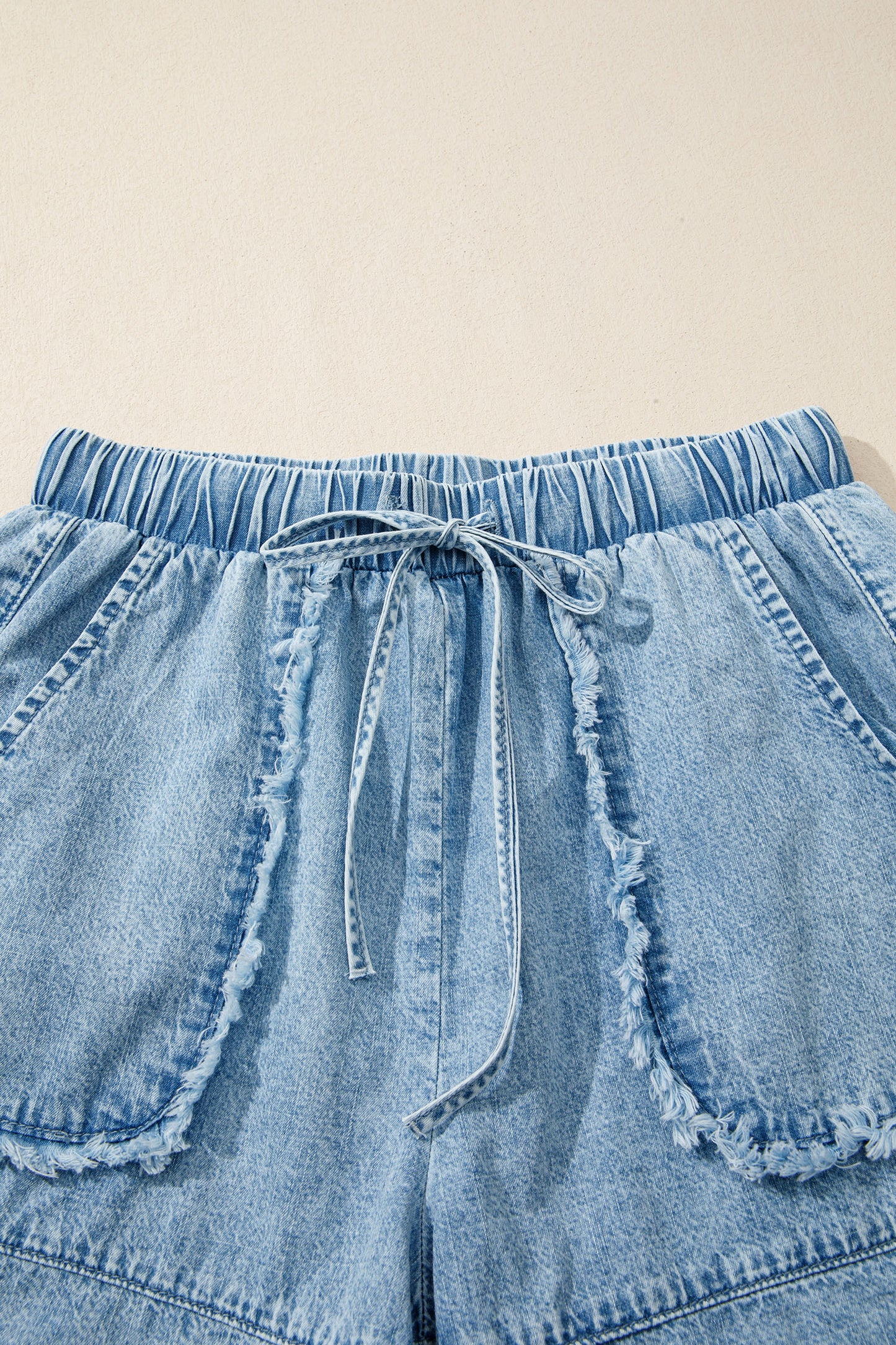 Frayed Edge Elastic Waist Drawstring Denim Shorts