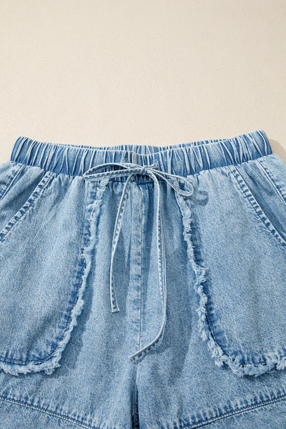 Frayed Edge Elastic Waist Drawstring Denim Shorts