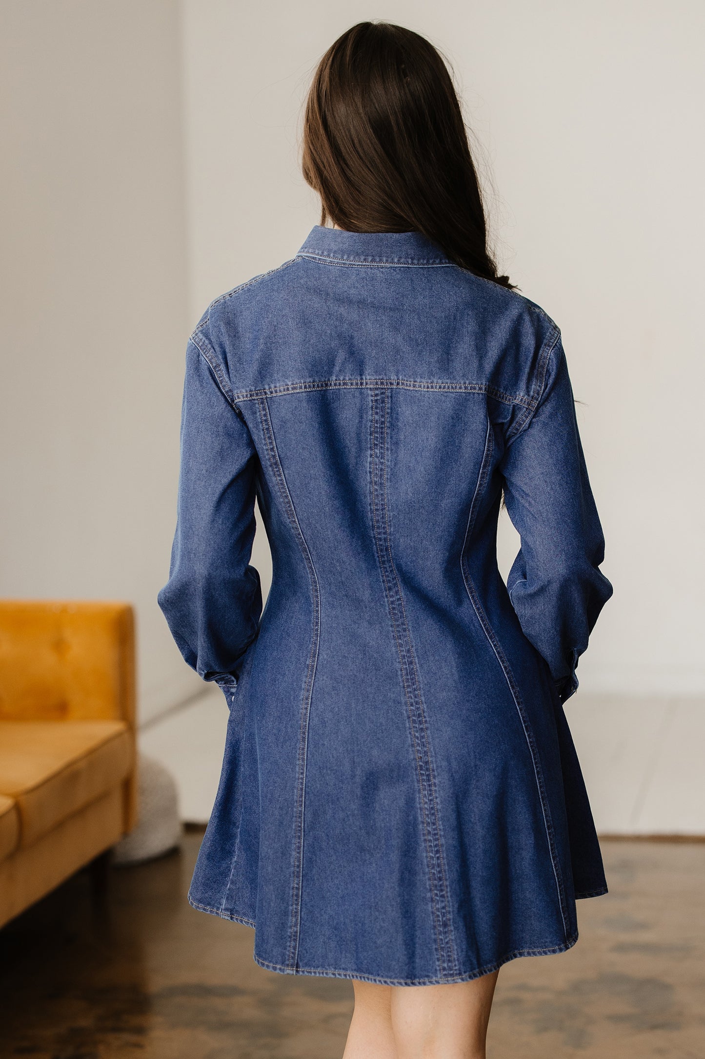 Ashleigh Blue Denim Shirt Collar Long Sleeve Flared Dress