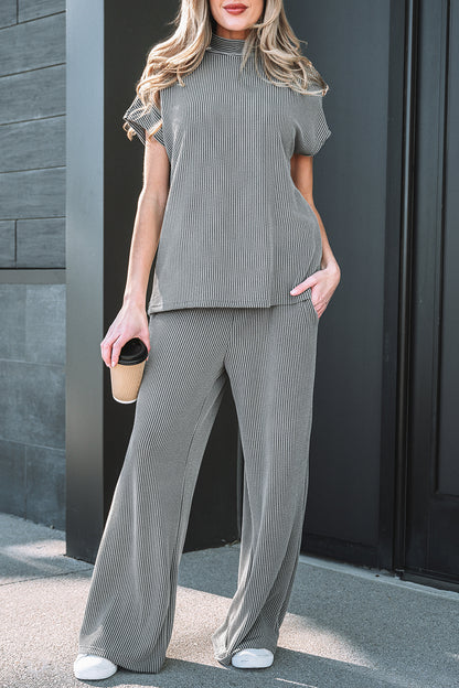 Burgundy Ribbed High Neck Tee Wide Leg Pant Set