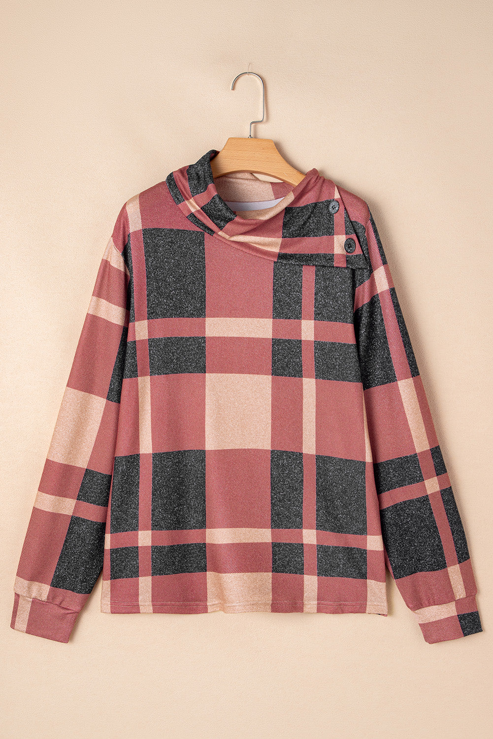 Mineral Red Plus Size Plaid Print Button Decor Asymmetric Neck Top