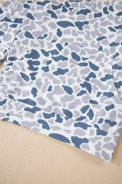 Camo Zip Collar Pullover Sweatshirt with Kangaroo Pocket