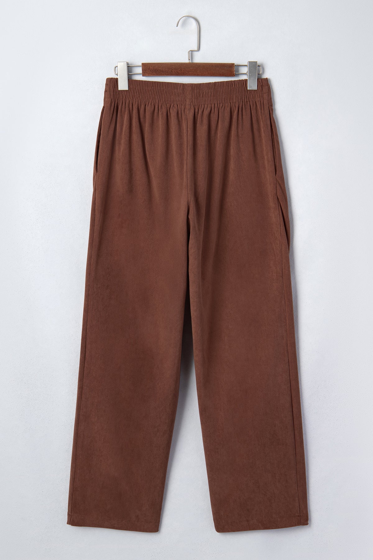 Coffee Elastic Waist Straight Leg Ankle Length Corduroy Pants