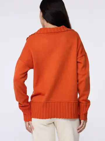 Orange V Neck Collared Knit Sweater with Front Pockets