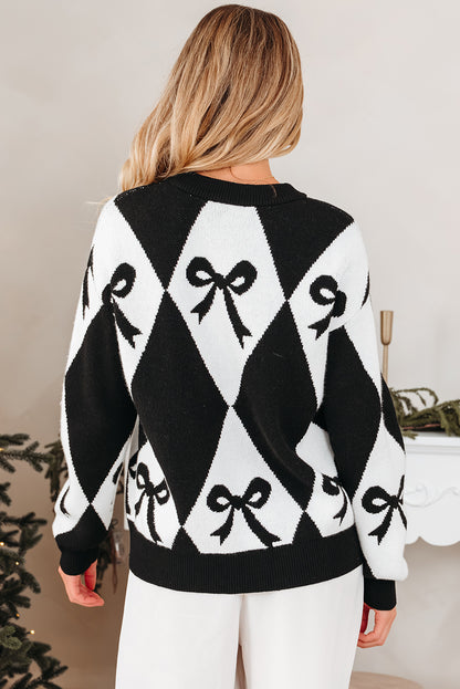 Valentine Black Bow Argyle Oversized Knit Sweater