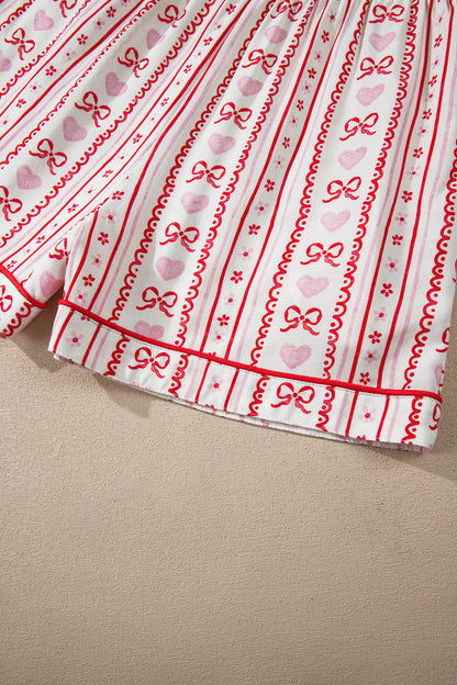 Valentines Heart Bow Print Ribbon Trim 2 Piece Pajama Set