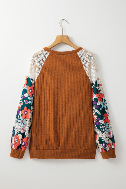 Parchment Floral Patchwork Long Sleeve Ribbed Blouse