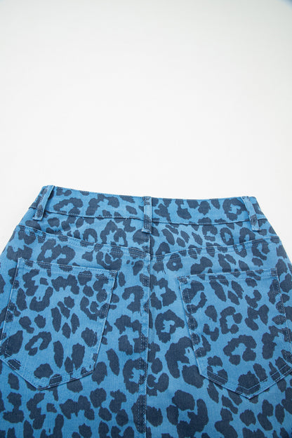Brown Leopard Denim Frayed Split Denim Midi Skirt