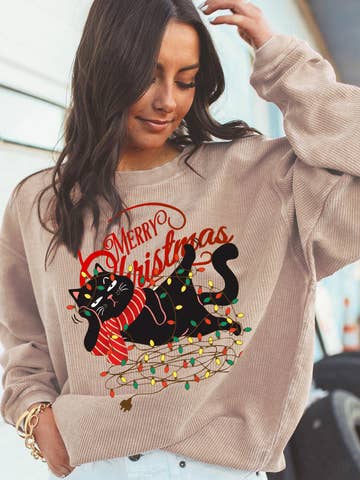 Christmas Cat Graphic Light String Corded Pullover Sweatshirt