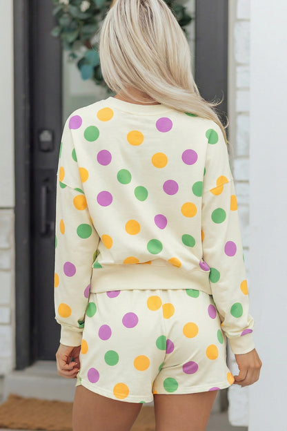 Pink Polka Dot Drop Shoulder Pullover Shorts Set
