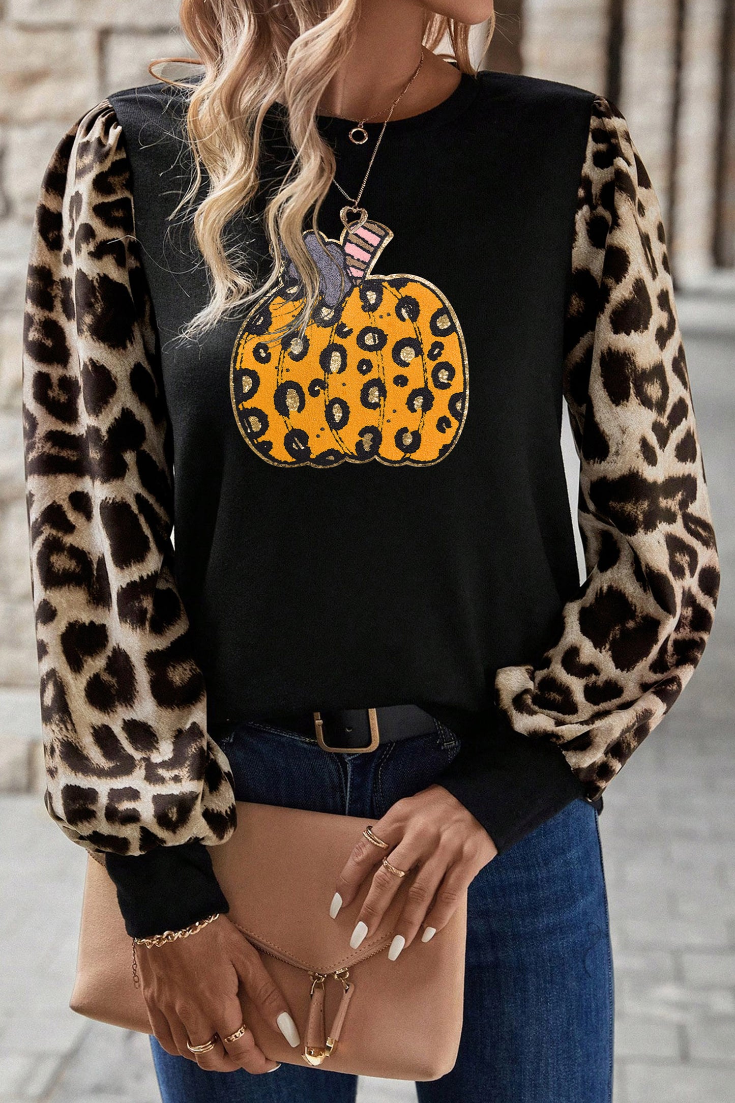 Halloween Pumpkin Graphic Leopard Sleeve Knit Top
