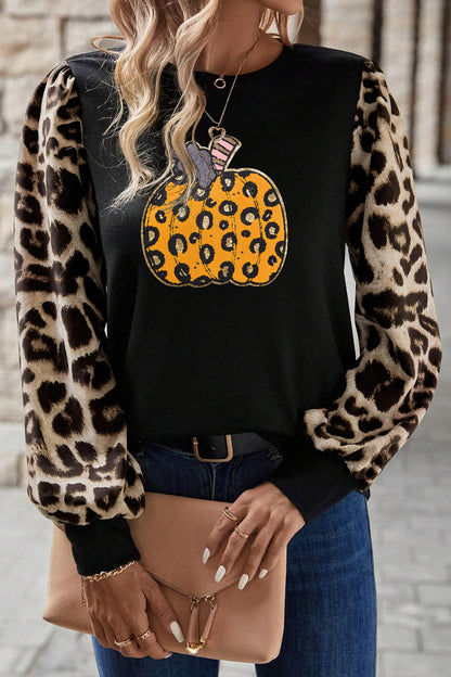 Halloween Pumpkin Graphic Leopard Sleeve Knit Top