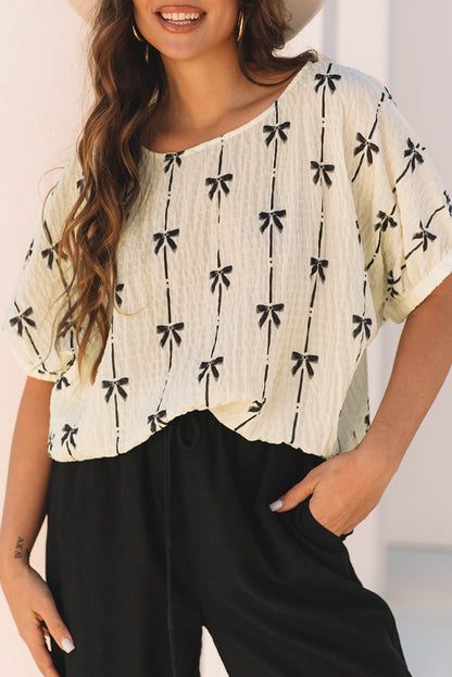 Women’s Beige Bow Print Puff Sleeve Casual Top