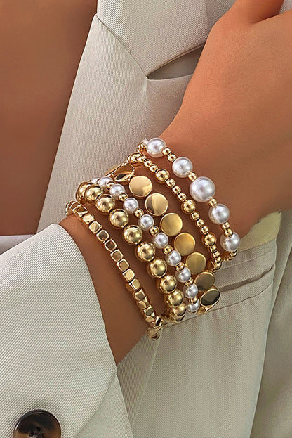 Gold Pearl Beaded Minimalist Multi Layer Elastic Bracelets