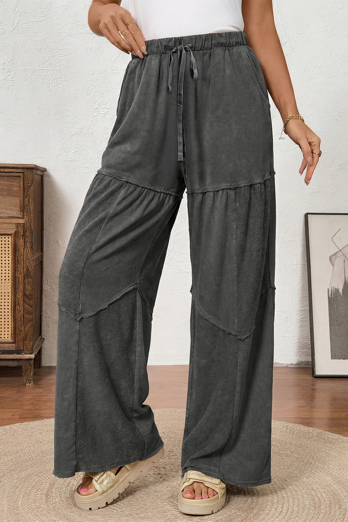 Women's Black Mineral Wash Wide Leg Patchwork Pants