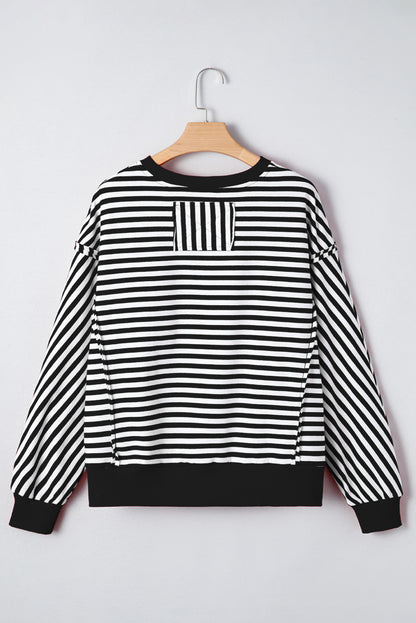 Red Stripe Oversized Pullover Exposed Seam Long Sleeve Top