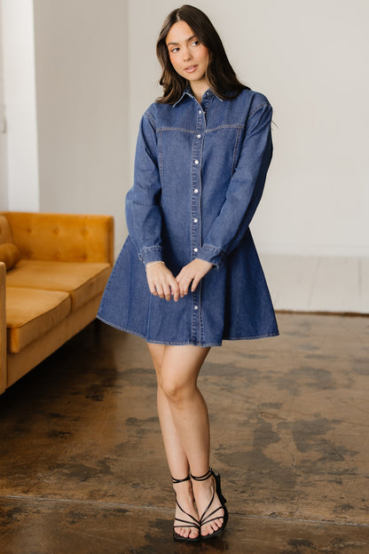 Ashleigh Blue Denim Shirt Collar Long Sleeve Flared Dress