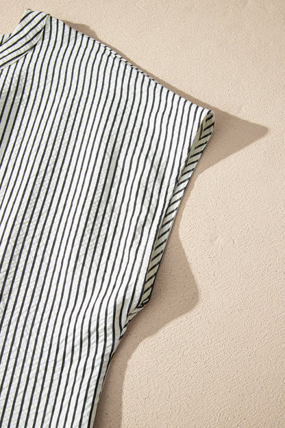 Black Stripe Ruffle Half-Button Short Sleeve Maxi Dress