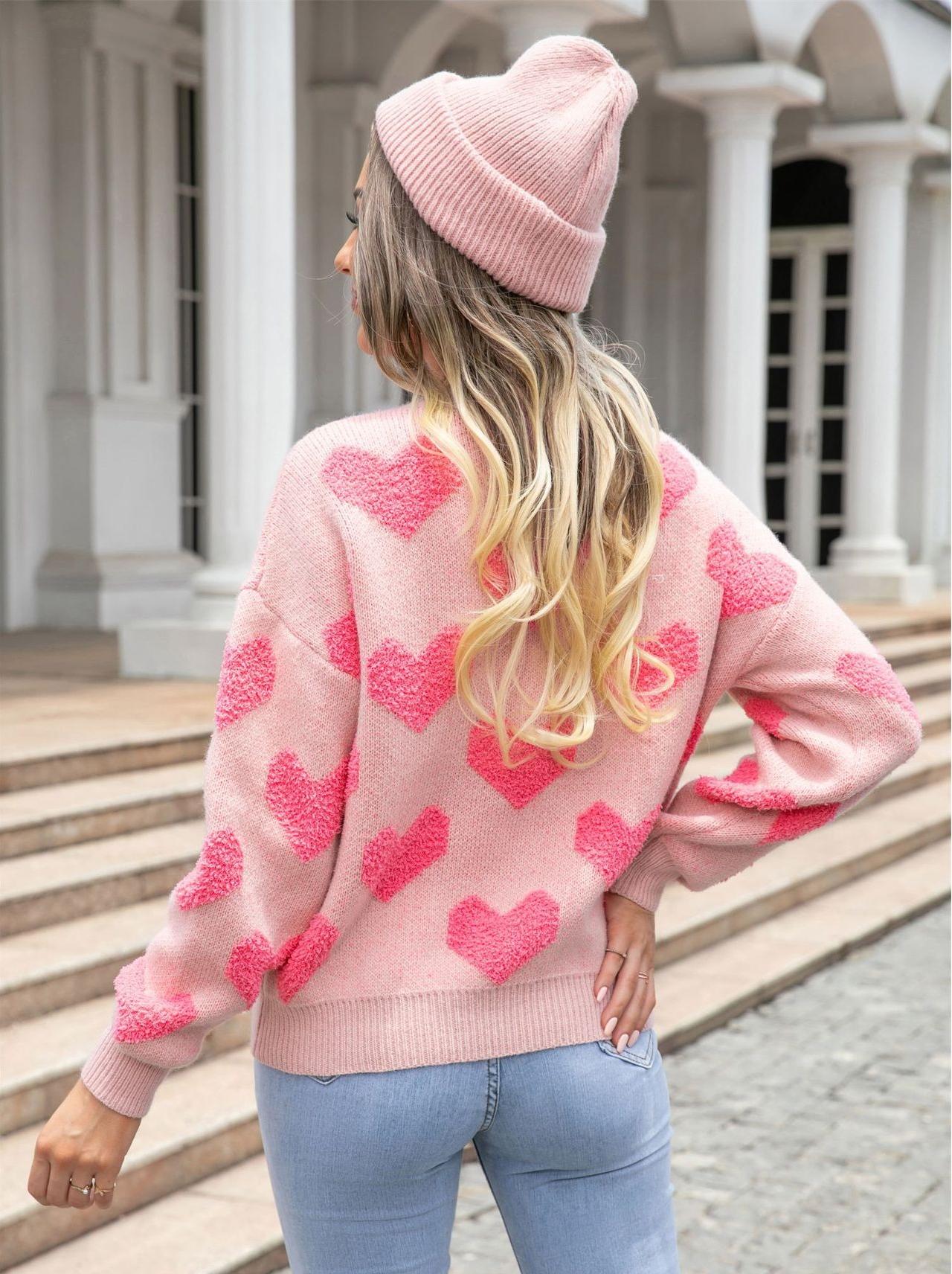 Textured Heart Knit Sweater - Pink Valentine’s Pullover