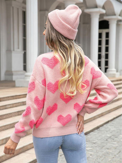 Textured Heart Knit Sweater - Pink Valentine’s Pullover