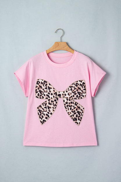 White Leopard Bow Embroidered Cotton Round Neck T Shirt