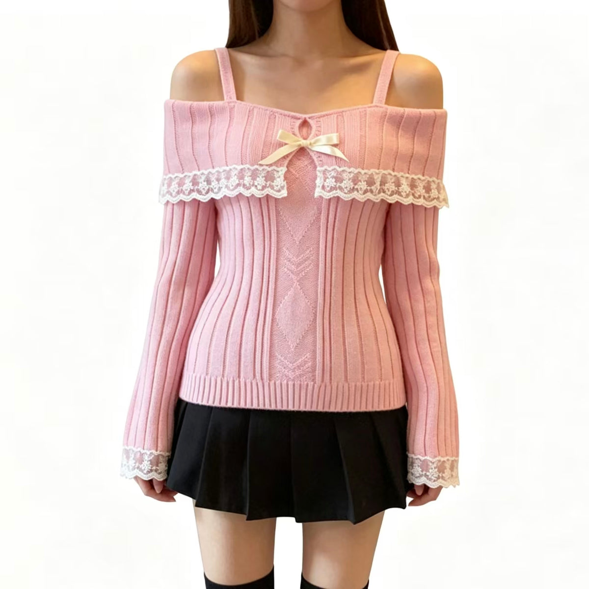 Women's Off Shoulder Lace Trim Knit Sweater Long Sleeve