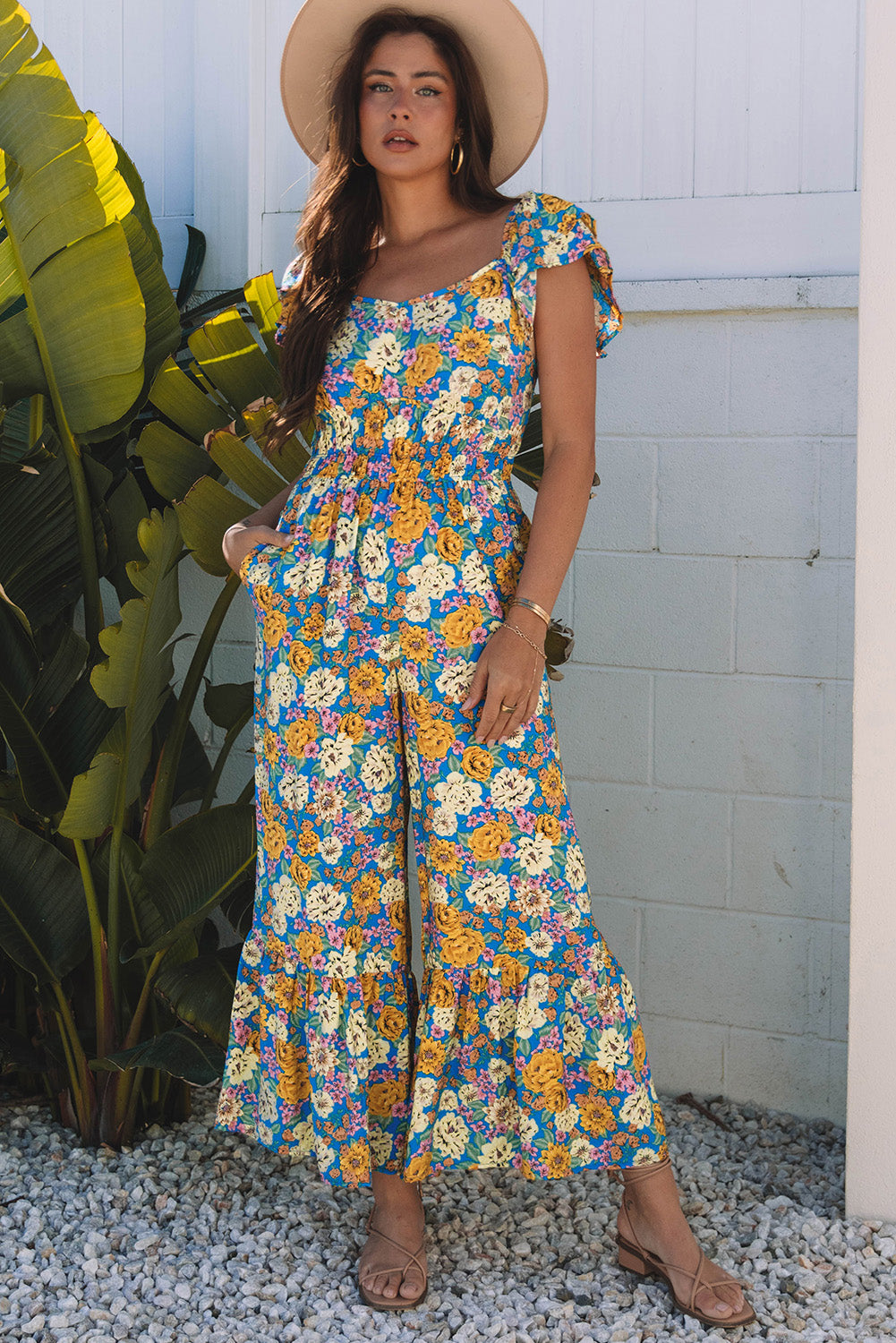 Floral Wide Leg Jumpsuit Cutout High Waist Boho Style