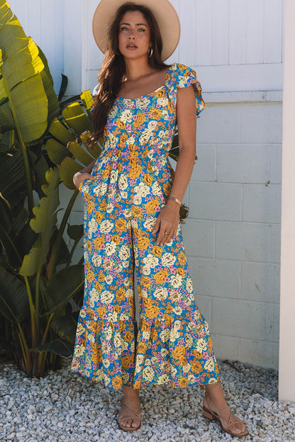 Floral Wide Leg Jumpsuit Cutout High Waist Boho Style