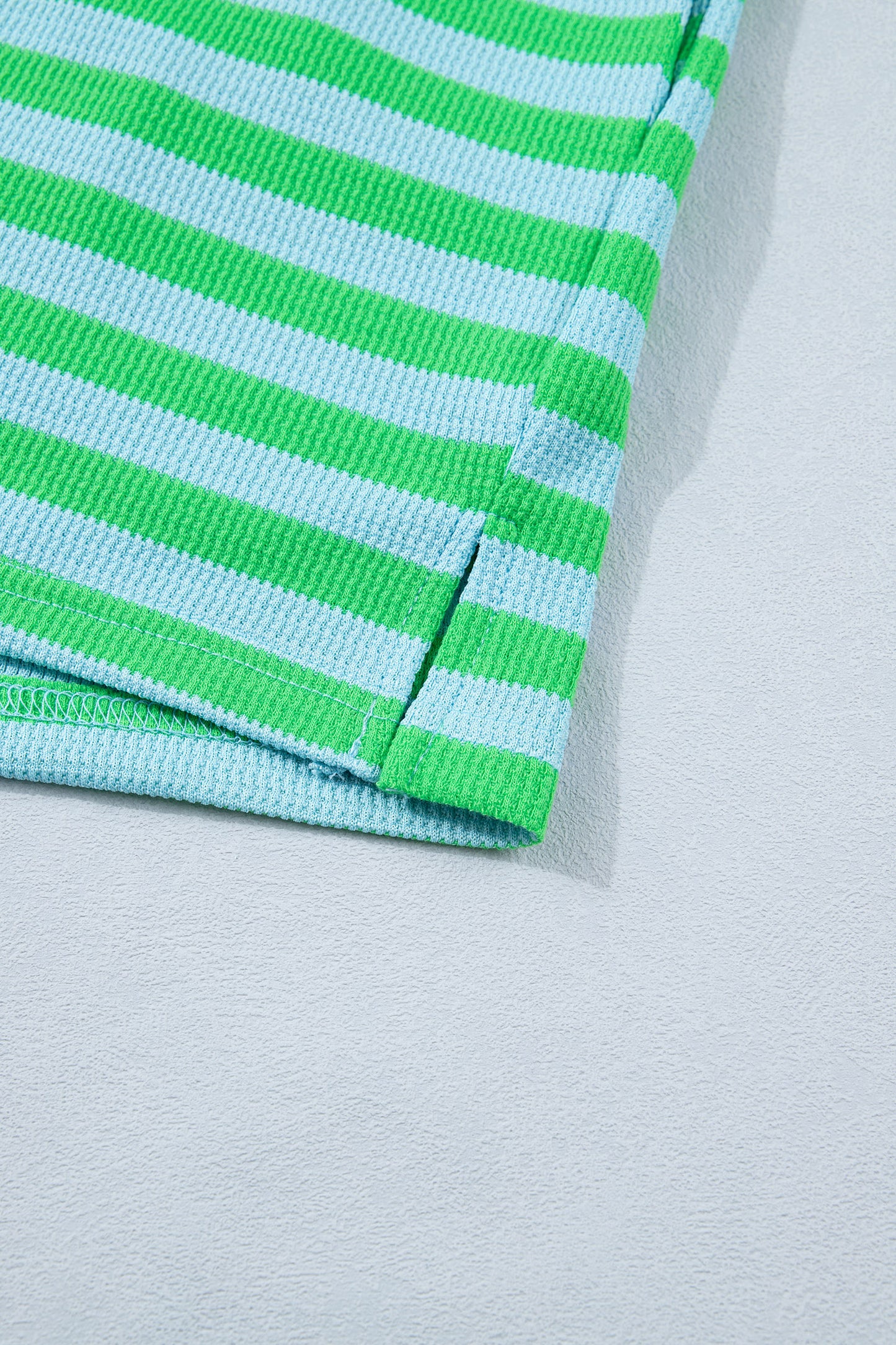 Green Stripe Puff Sleeve Lounge Set Drawstring Shorts
