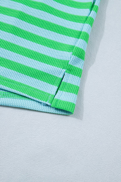 Green Stripe Puff Sleeve Lounge Set Drawstring Shorts